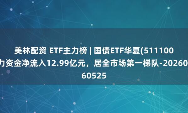美林配资 ETF主力榜 | 国债ETF华夏(511100)主力资金净流入12.99亿元，居全市场第一梯队-20260525